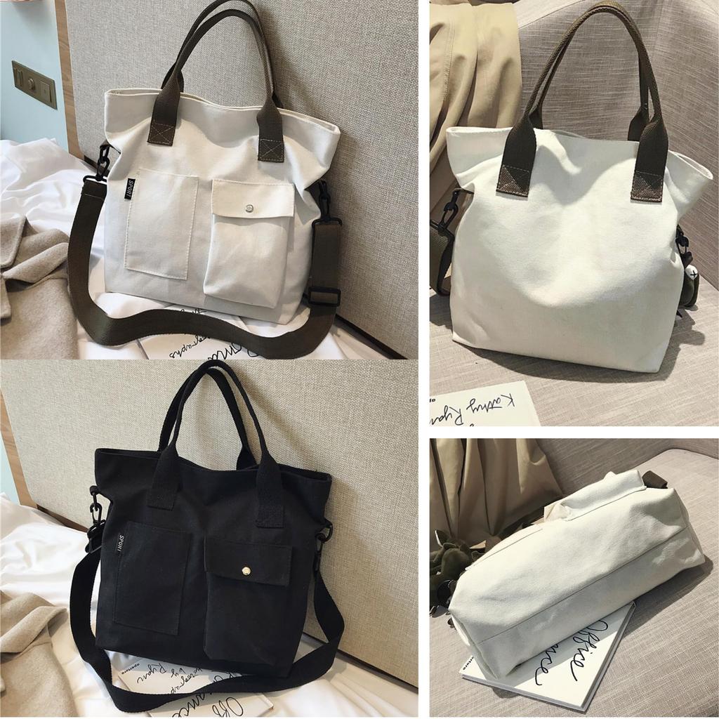 2-way vertical canvas tote bag with exterior pocket and long handles, suitable for shoulder or hand carry (white)