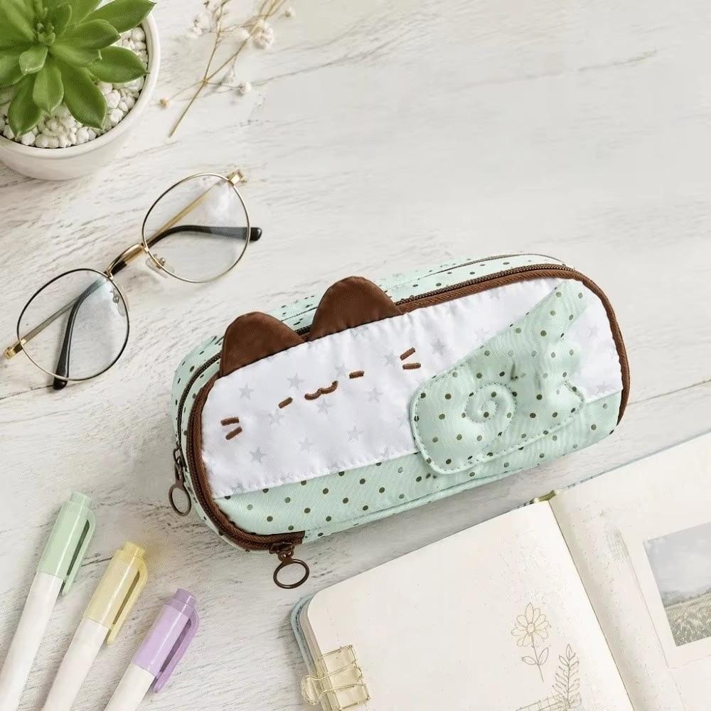 Large Capacity Pencil Case Cat Ear Design Patchwork Style Stationery Bag Portable Size Polka Dot Pattern Pen Bag School Supplies