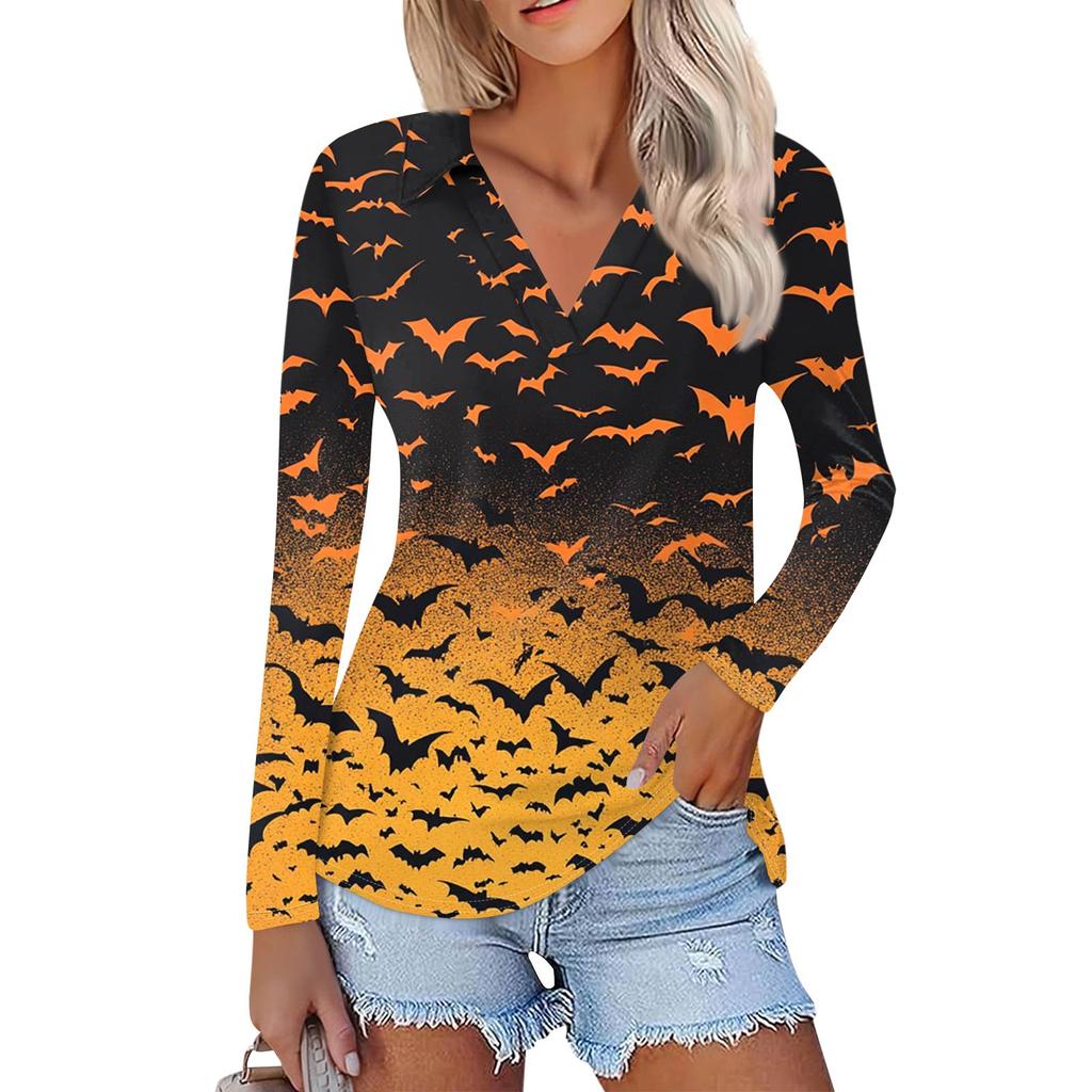 Dámská letní móda ležérní košile s potištěným výstřihem do V s dlouhým rukávem