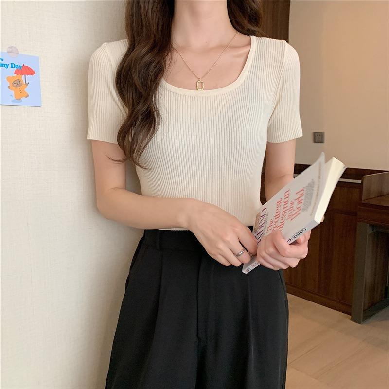 Fashion Ice Silk Short Sleeved Knitted Women's T-shirt Spring Summer New Slim Fit Thin Pullover Bottomed Sweater Women's Short Top Women's Clothing