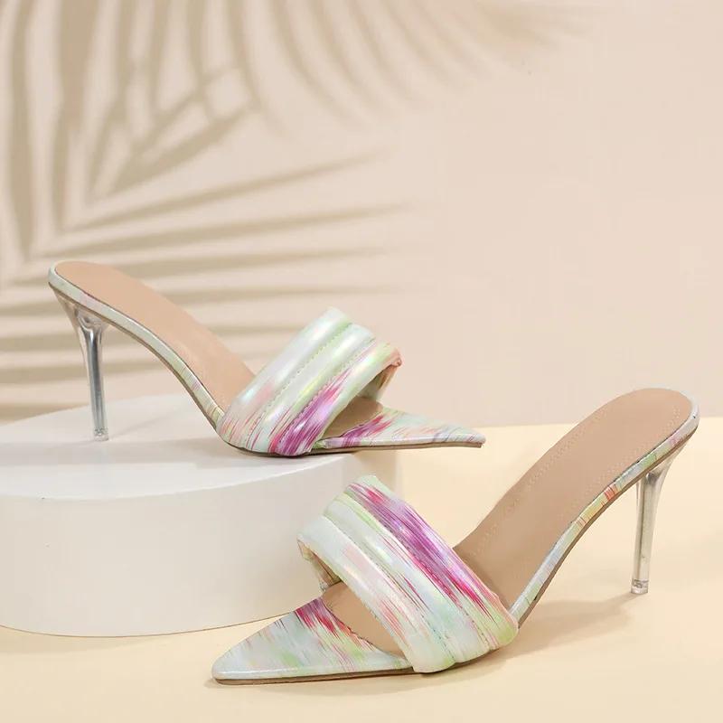 

Мода 2024 года, новейшие мюли, дизайн, красочные женские тапочки, летние туфли на открытом воздухе, винтажные туфли с острым носком, повседневные туфли на тонком высоком каблуке 9 см 36