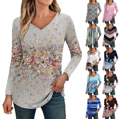 Women's Long Sleeved Retro Floral Print V-neck Top T-shirt