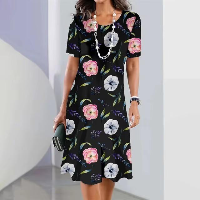 Elegant Women Short Sleeve Fashion 3d Print Midi Dress Plus Size Beach Clothing