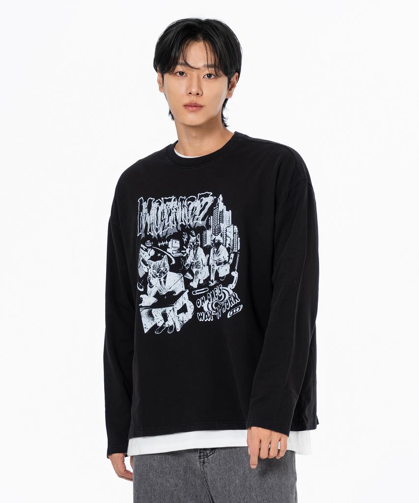 MOZMOZ Commuting Cat Graphic Pigment Long Sleeve Black