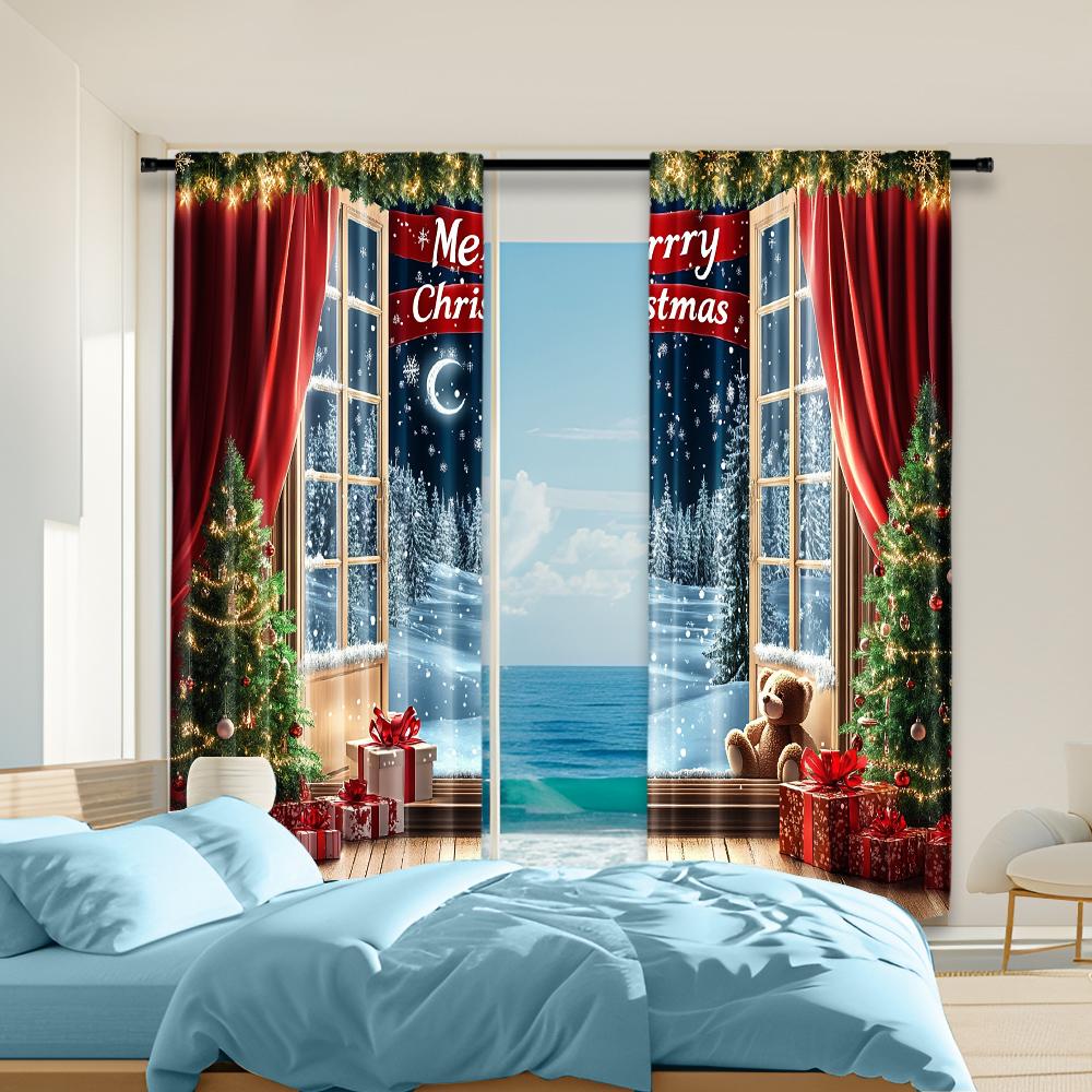 

2Pcs Christmas Tree Printed Window Curtains Rod Pocket Design Machine Washable Window Drapes For Living Room And Bedroom Home 29x65in(75x166cm)