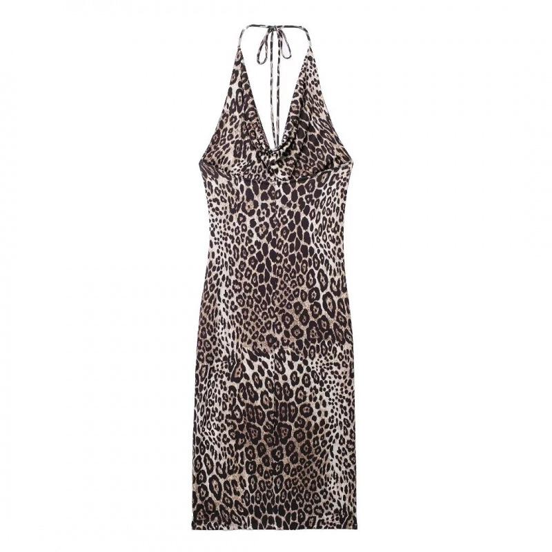 Animal Print Pleated Spaghetti Strap Dress - Women's European & American Style Summer Collection