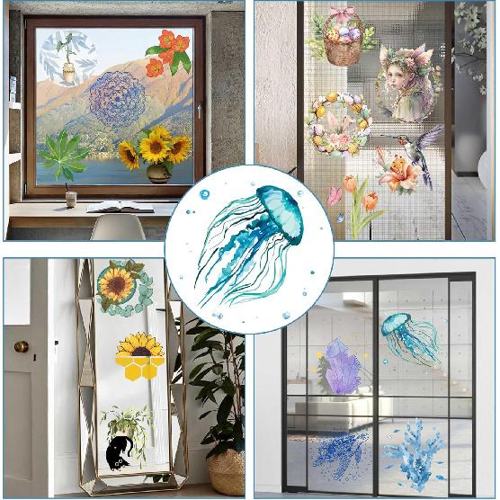 GORGECRAFT 4 Styles Sea Animals Window Decals Static Glass Sticker Turtles Seahorses Whales Jellyfish Pattern Window Clings Film Bedroom Bathroom