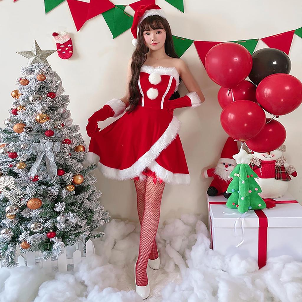 שמלת קוספליי סנטה קלאוס חג המולד לנשים של Milky Time, אדומה וירוקה, א-סימטרית (אדום)