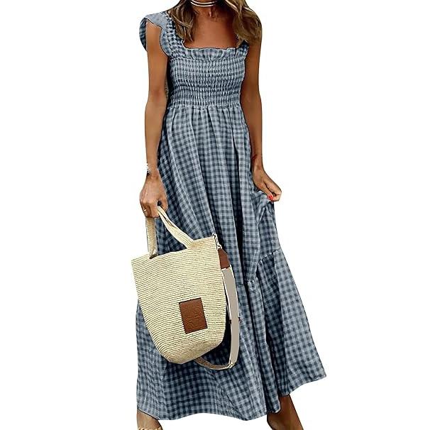 Women's Summer Retro Long Dress Spaghetti Strap Square Neck Plaid Maxi Dress Loose Big Swing Elegant Dress