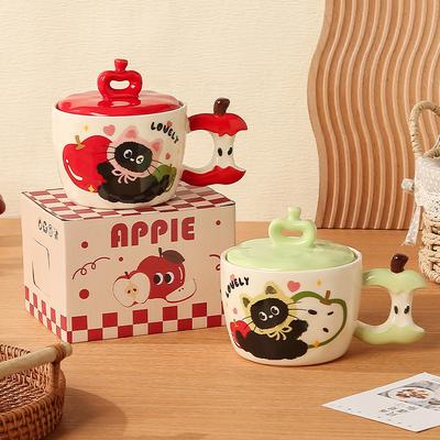 Apple Keramiktasse für Mädchen Kreative Katze Tasse mit Deckel Hochwertige Frühstückstasse Souvenir Wasserbecher Paar