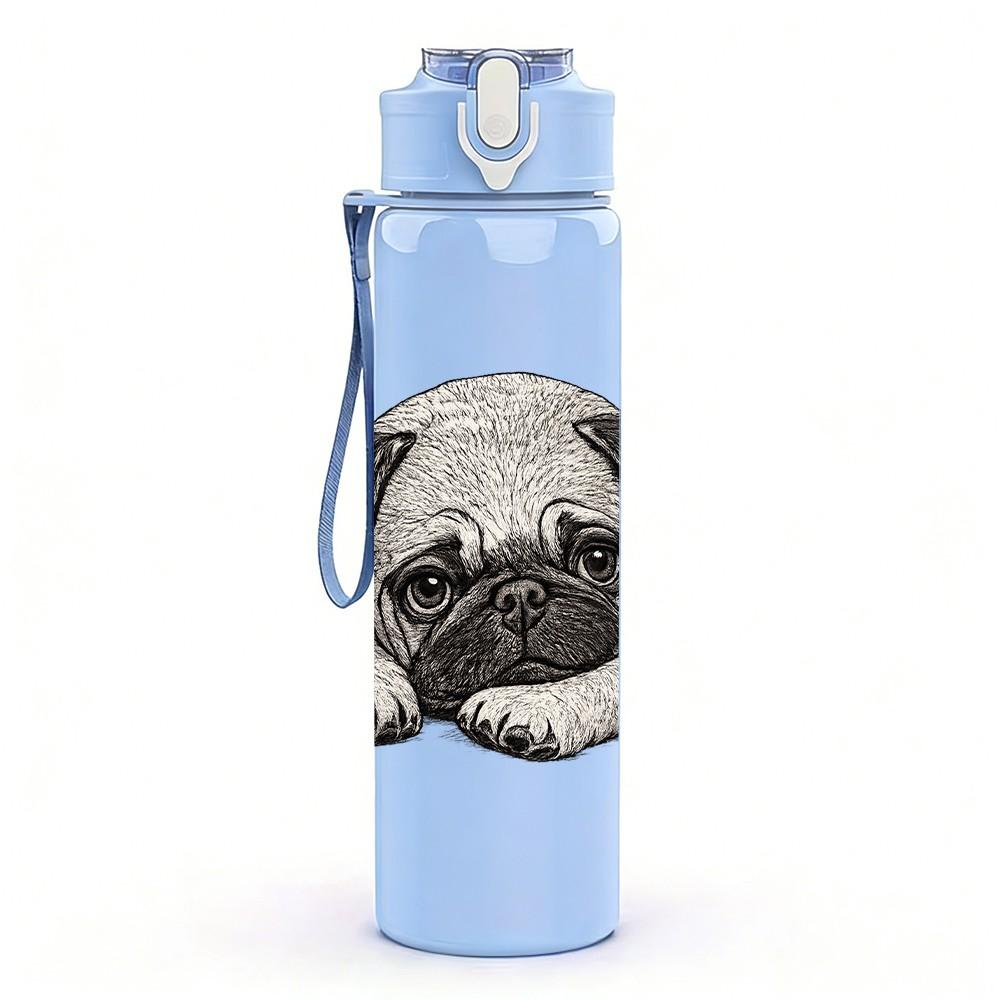 1PC Sad Pug Puppy Dog Pet Portrait Print 750ml Color Plastic Sports Water Bottle Leakproof Flip Straw Lid Suitable for Sports Office Home Use