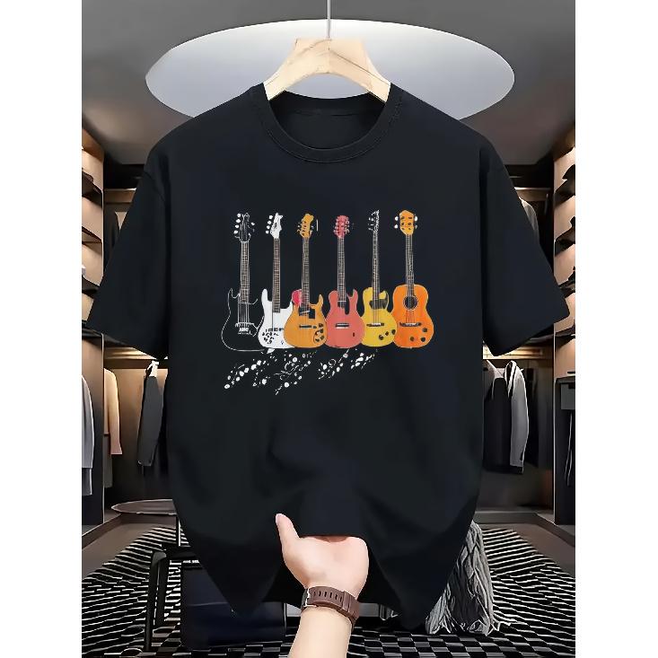 Men'S Casual Crew Neck T-Shirt with Guitar Graphic Print, Fabric, Regular Fit, Summer Short Sleeve Tee for Music Lovers, Everyday Tshirt Music Themed