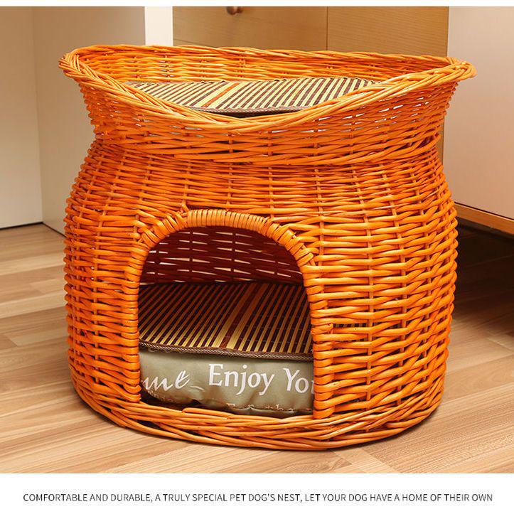 Medium Woven Rattan Pet House: Enclosed, Double-Layer, Washable, All-Season Cooling Mat for Dogs and Cats