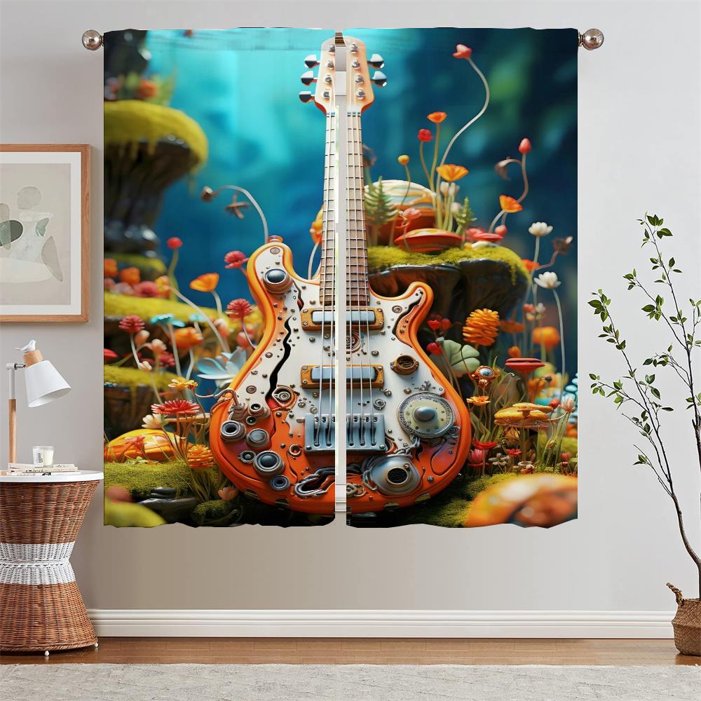 Antique Guitar Bedroom Curtains 2 Pieces Modern Home Decoration Curtain Rods Partition Window Sheer Curtains for Living Room