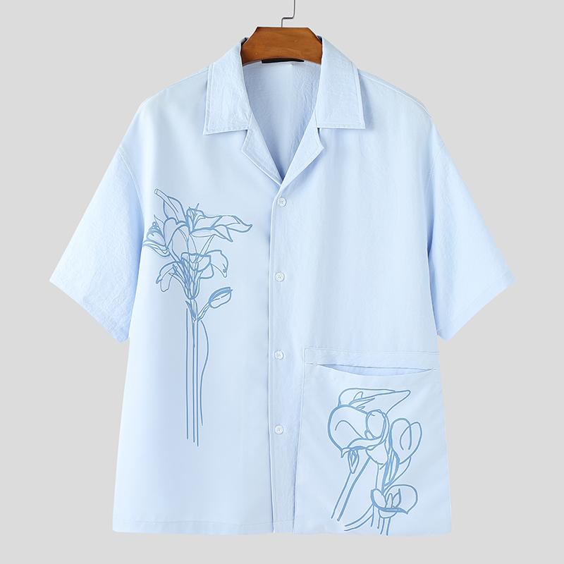 INCERUN Oversized Men Lapel Neck Short Sleeve Buttons Print Casual Shirts