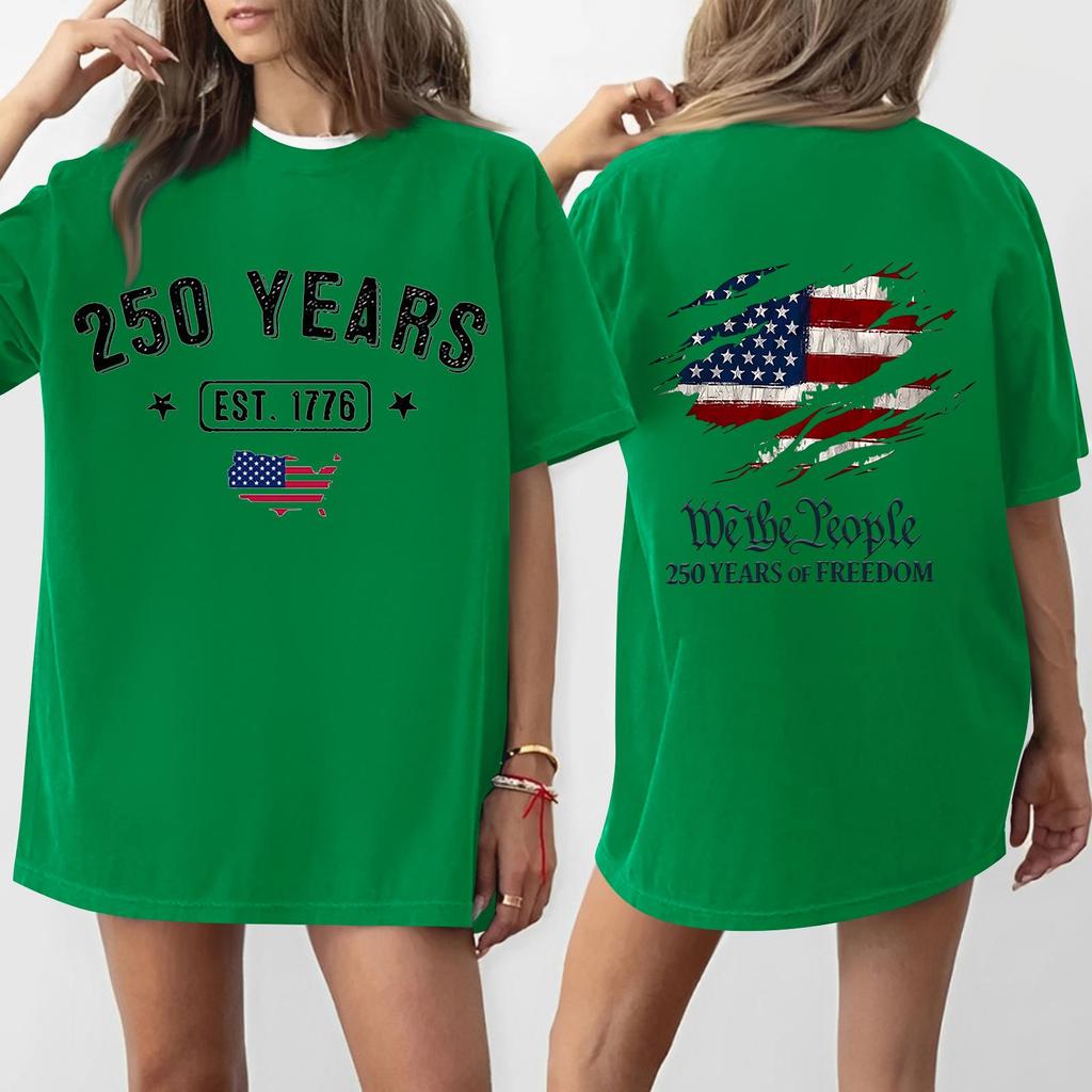 Women's Casual Independence Day 250 Anniversary Printed T-shirt Round Neck Pullover Short Sleeve Top