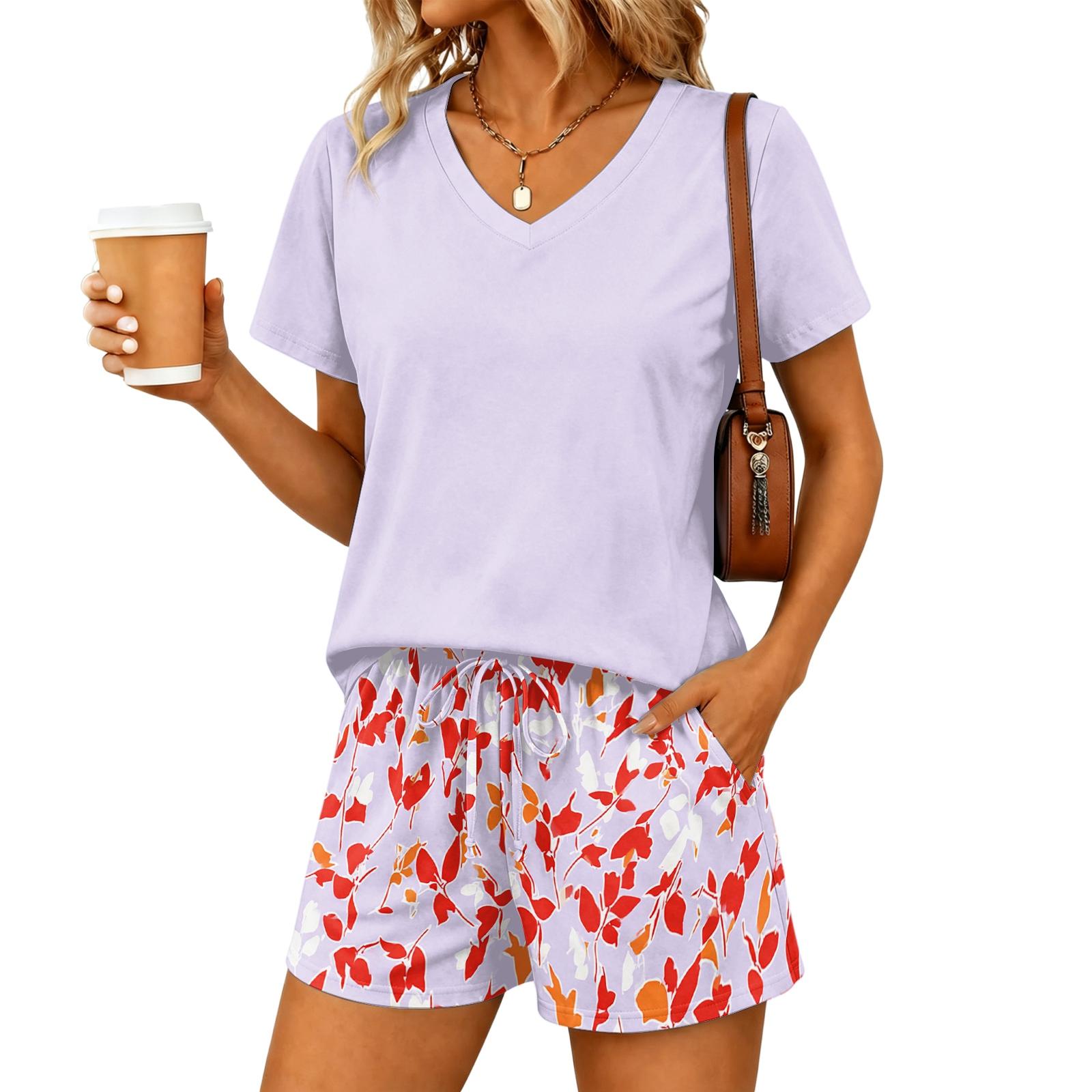 

Women Two Piece Set V Neck Short Sleeve Top and Elastic Waist Drawstring Shorts Casual Lounge Wear Summer Pajama Set L фіолетовий