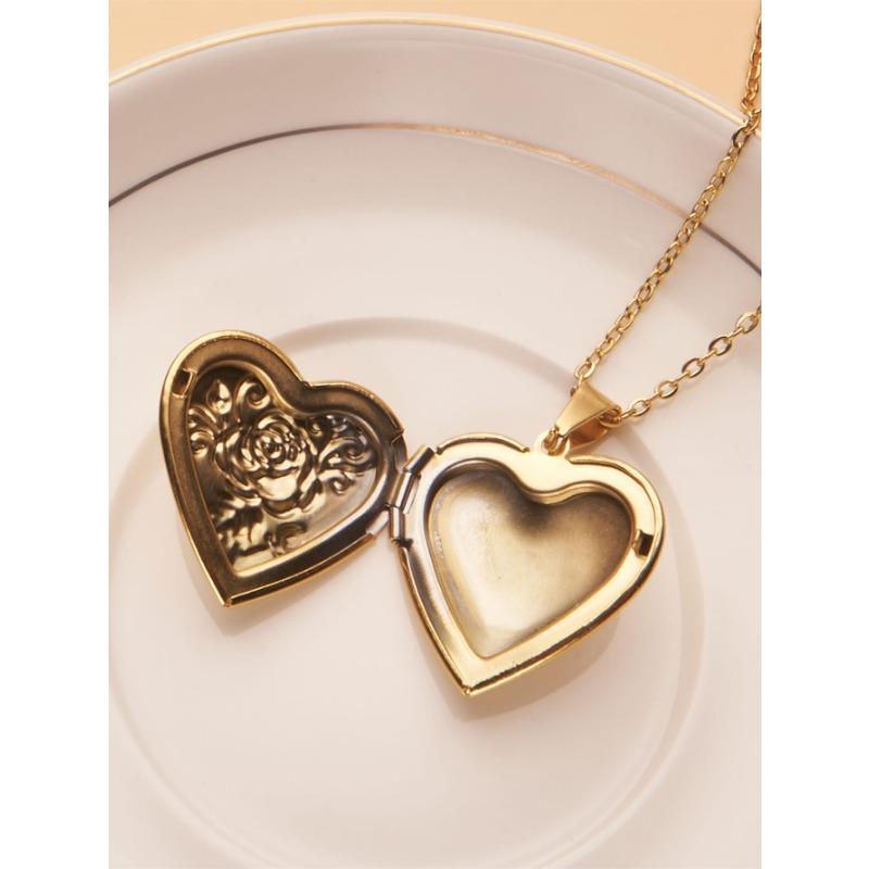 Silver Gold Openable Rose Photo Frame Heart Pendant Stainless Steel Necklace