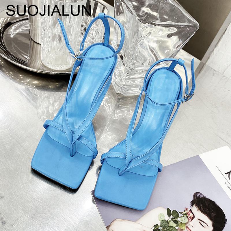 Fashion SUOJIALUN Gladiator Sandals High Heels Sandal Shoes Fashion Brand Strap Flip Flops Sexy Thin High Heel Pumps Square Toe Shoes