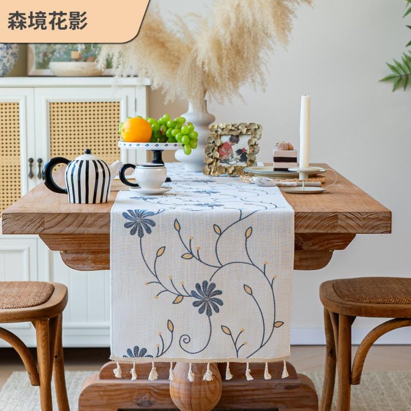 Minimalist Linen Cotton Embroidered Table Runner With Tassels Dining Decor Rustic Floral
