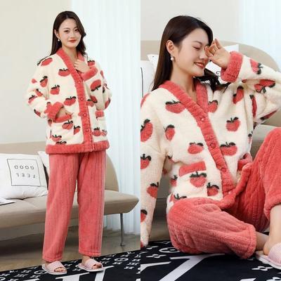 Autumn Winter Warm Women Pyjamas Set Peachthick Coral Velvet Long Sleeve Pajamas Set Leisure V-Neck Sleepwear