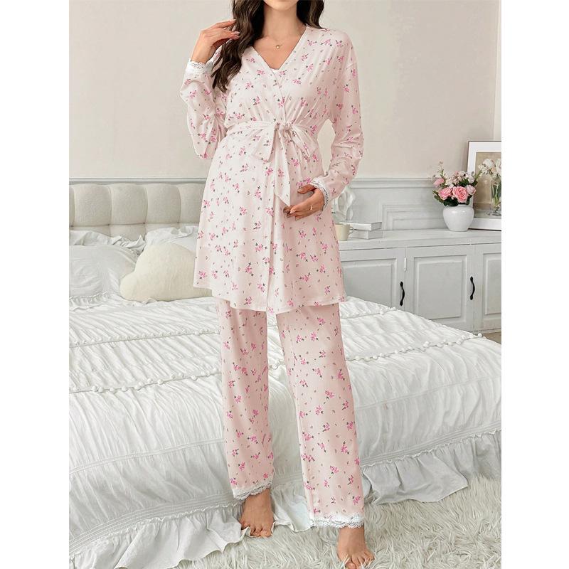 Sweet Floral Maternity Pajamas: European & American Three-Piece Set with Cardigan, Sling Top, and Long Pants for Spring & Autumn