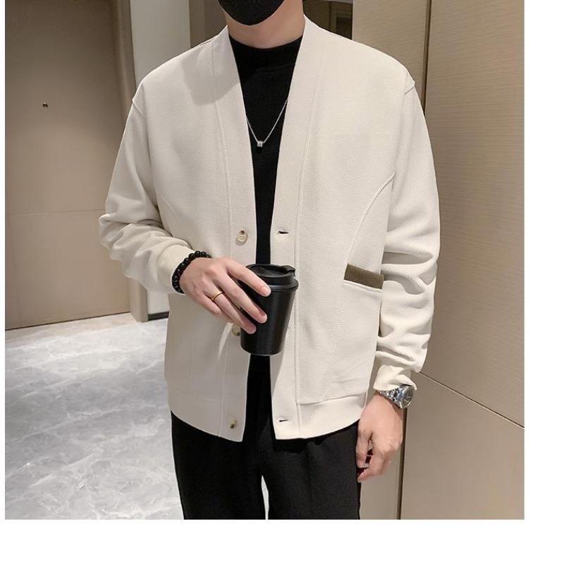 Autumn Winter Solid Color Long-sleeved V-neck Cardigan Sweater Men's Knitted Fashion Casual Loose Jacket