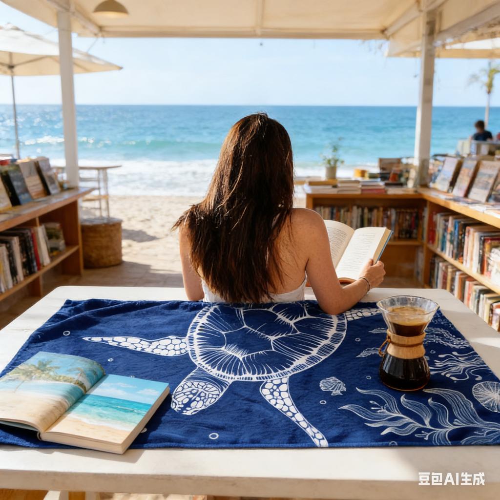 Coastal Nautical Sea Turtle Beach Towel Minimalist White Line Art Print Lightweight Sand Resistant Towel Perfect for Beach Days