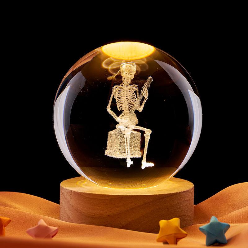 3D Laser-Carved Crystal Skull Music Box with Warm Light Night Light