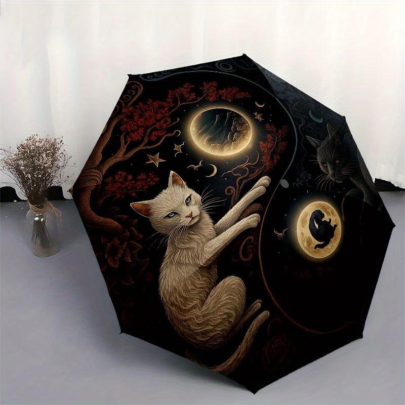 Yin Yang Cats: A Mystical Nighttime Art Print Umbrella, Cute Umbrella with Cute Design, Portable 3-Fold Compact Umbrella for Men & Women, Valentine's