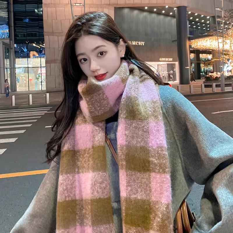 Herbst Winter Damen Verdickter Übergroßer Blauer Karoschal mit Fransen Fleece-ähnlicher Kaschmir Warmer Nackenwärmer Studenten Großer Schal