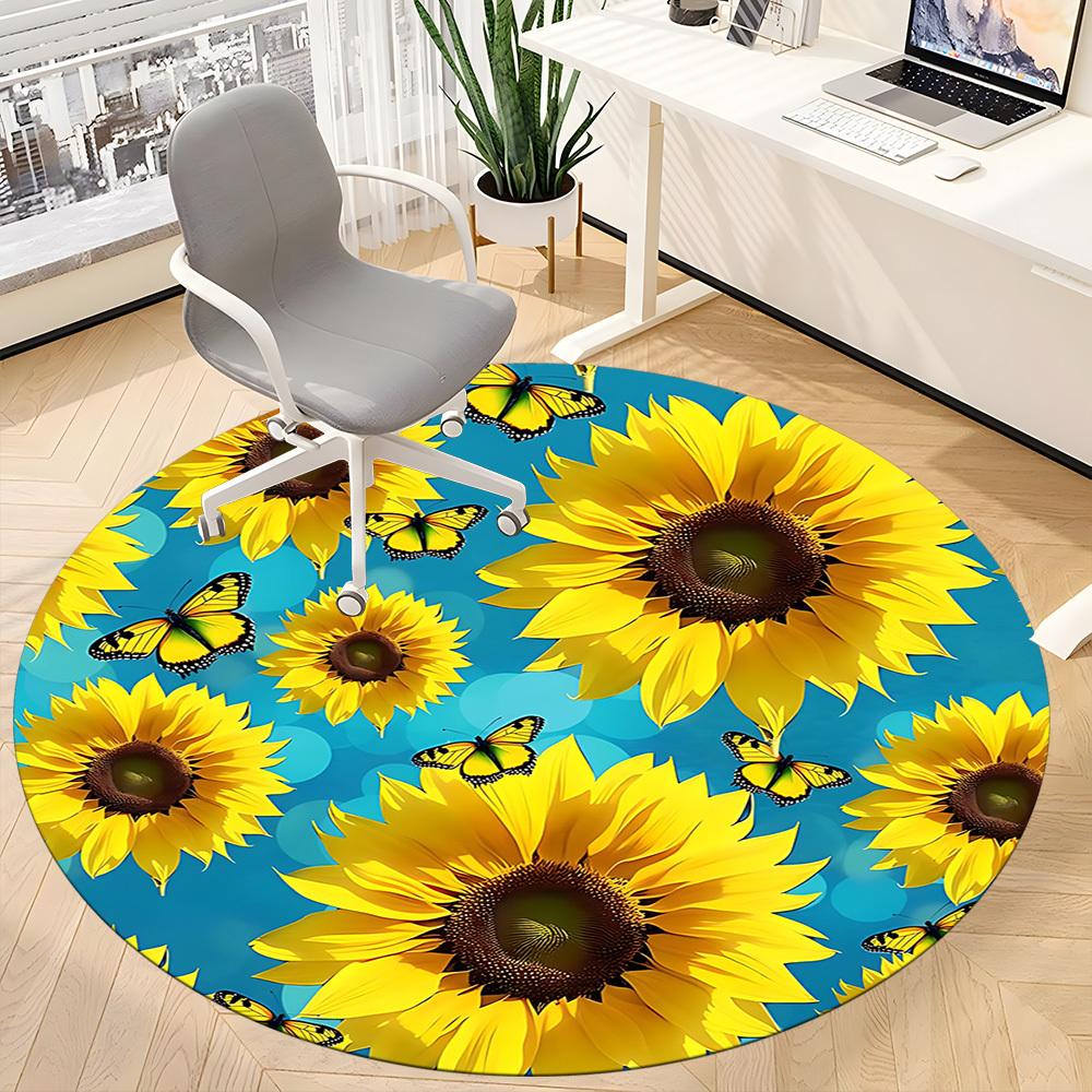 1pc Sunflowers Butterflies Office Round Area Rug, Indoor Mat Suitable For Office, Under Office Chairs Bedroom Living Room Home Decor, Room Deco