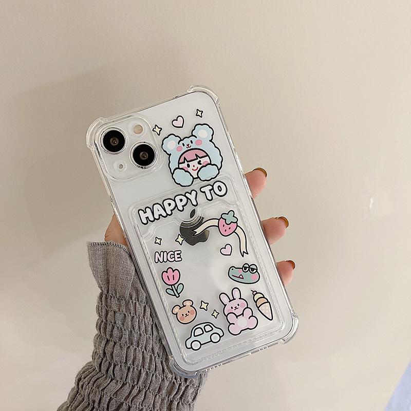 Zhitai Cartoon Blue Bear iPhone 15 Card Holder Case