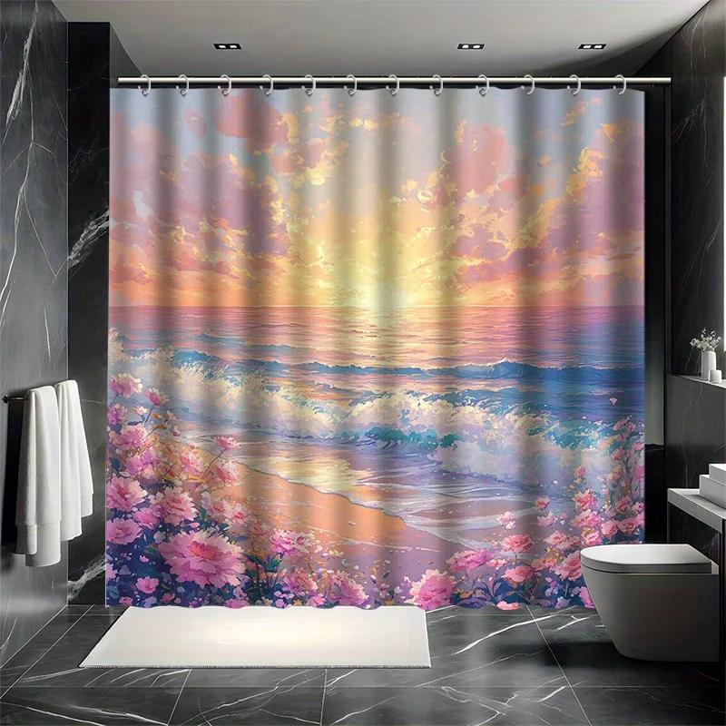 Fantasy Beauty Shower Curtain Set - Beach Waves & Flowers, White Clouds & Sunrise, Polyester Fabric, Modern Bathroom Decor