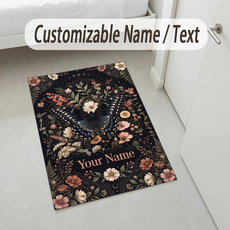 Floral Brain Cosmic Theme Soft Crystal Velvet Rug Custom Name & Text Print Non Slip Floor Rug for Bedroom Living Room