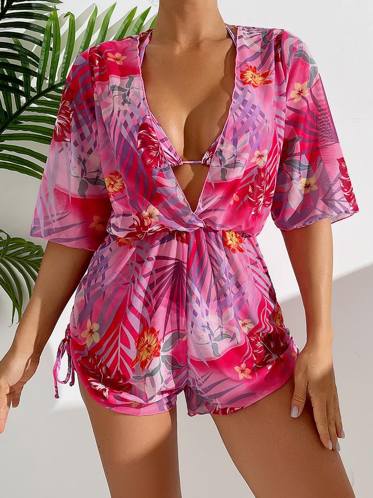 Swimsuit Beach Sunscreen Tropical Plant Printed Blouse Swimsuit Women's Three-piece Neck Bikini