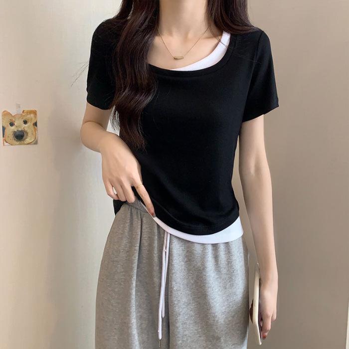 

Apricot Slimming Two-Piece Look Short Sleeve T-Shirt for Women - 2025 Spring/Summer European Style Top M чорний