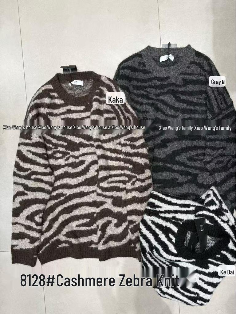 Xiao Wang's 8128 Winter Zebra Print Crew Neck Plus Size Knitted Sweater
