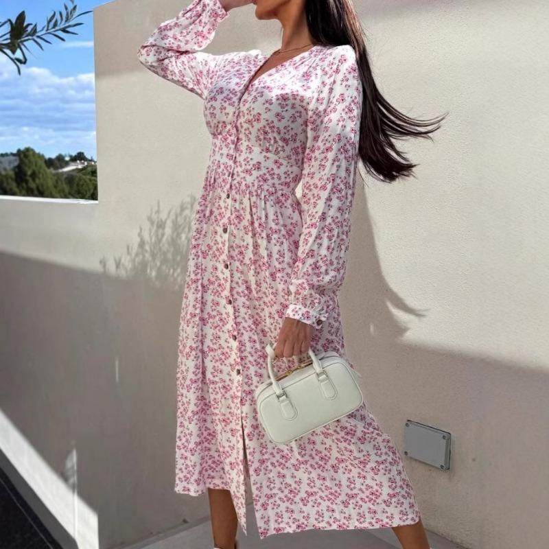 Urlaub Französisch V-Ausschnitt Taille Floral Slim Kleid Frühling Langarmkleid