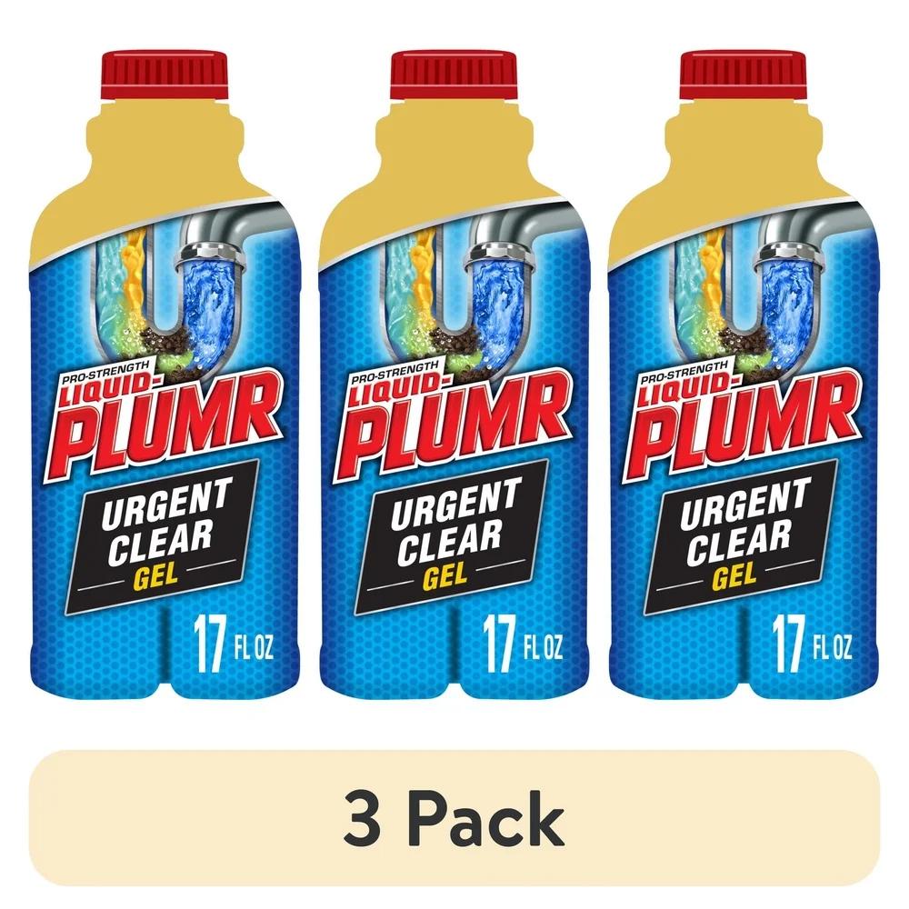 Urgent Clear Drain Clog Remover Gel 3 Pack 17 fl oz Fast Action Destroys Hair Grease Soap Scum Safe Pipes