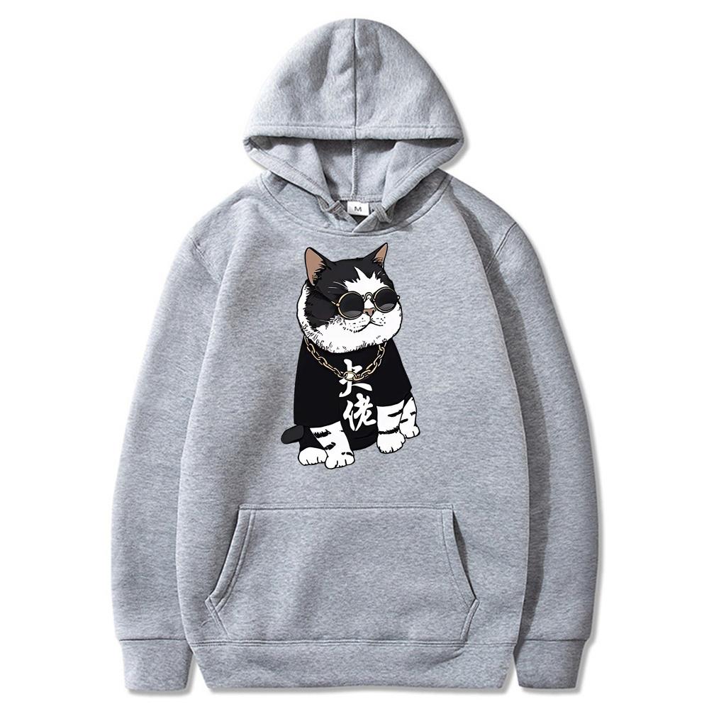 Cool and Cute Big Boss Cat Fun Print Autumn/Winter Women's Fashion Instagram Heavyweight Sweater Hooded Loose Long sleeved Coat