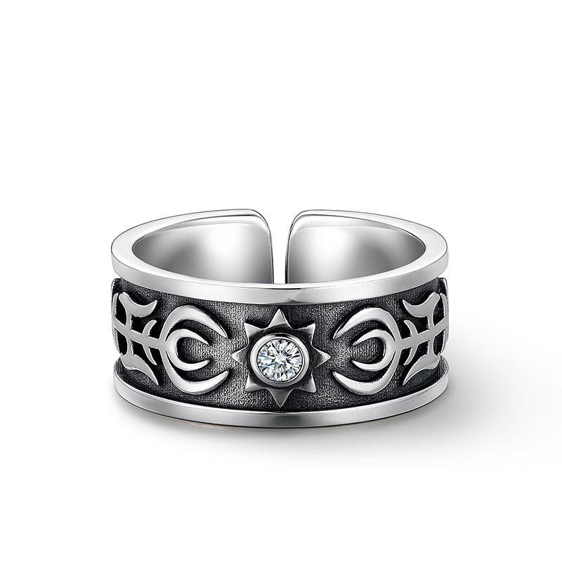 Adjustable Open Ring Men Women Vintage Sun Relief Carved Geometric Plated Statement Band