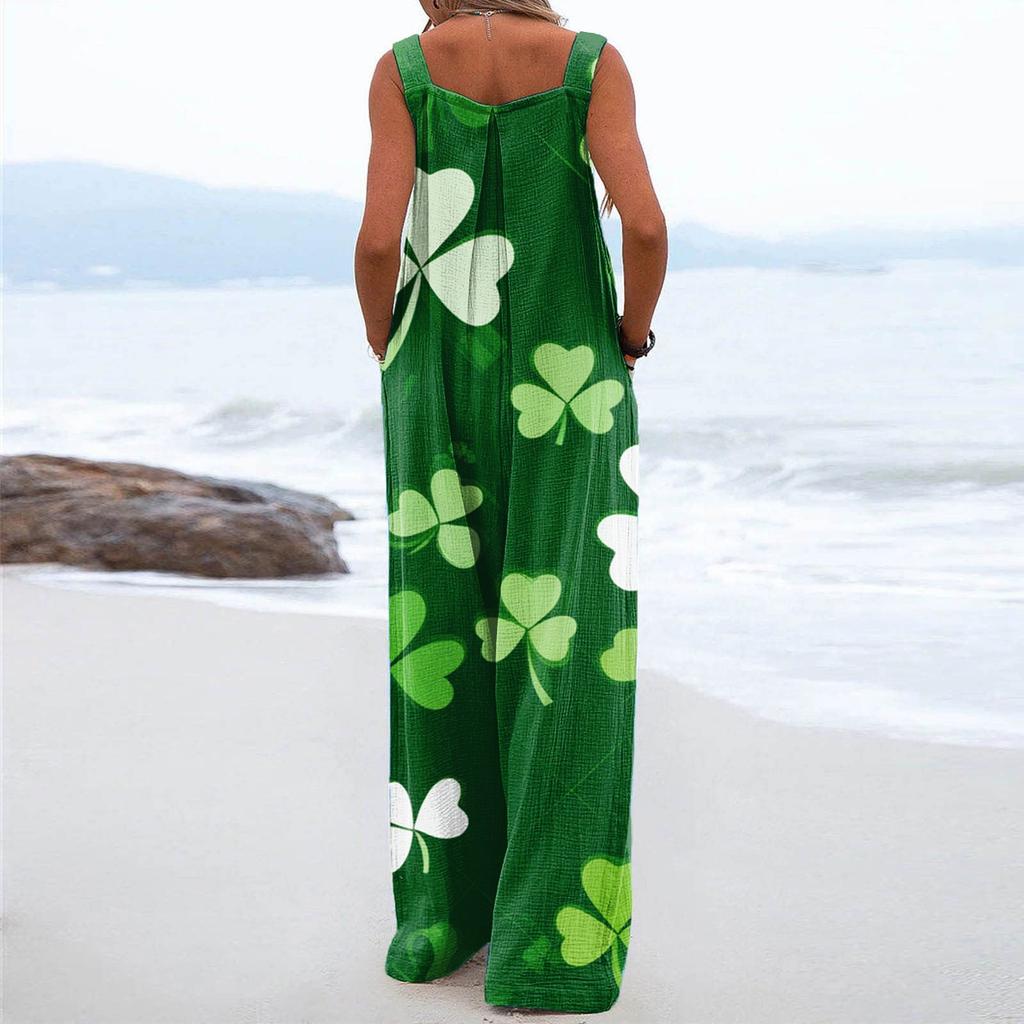 Salopete cu picioare late pentru femei Salopete lejer fără mâneci St. Salopetă cu pantaloni lungi, cu nasturi, cu buzunare, de ziua lui Patrick