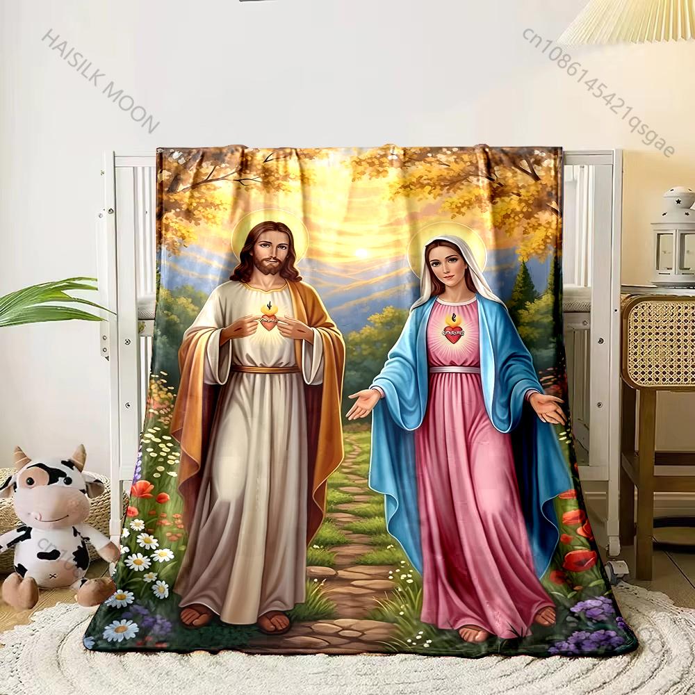 Sacred Hearts figures in garden Print Believer Pray blanket Warm soft flannel material suitable for all seasons luxurious gift