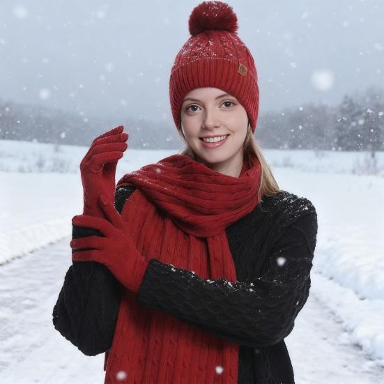 3 stk/sett Damehatt Skjerf Hansker Sett Ensfarget Vridningsstruktur Termisk fôr Pompon Design Strikkelue Langt skjerf Hansker Sett