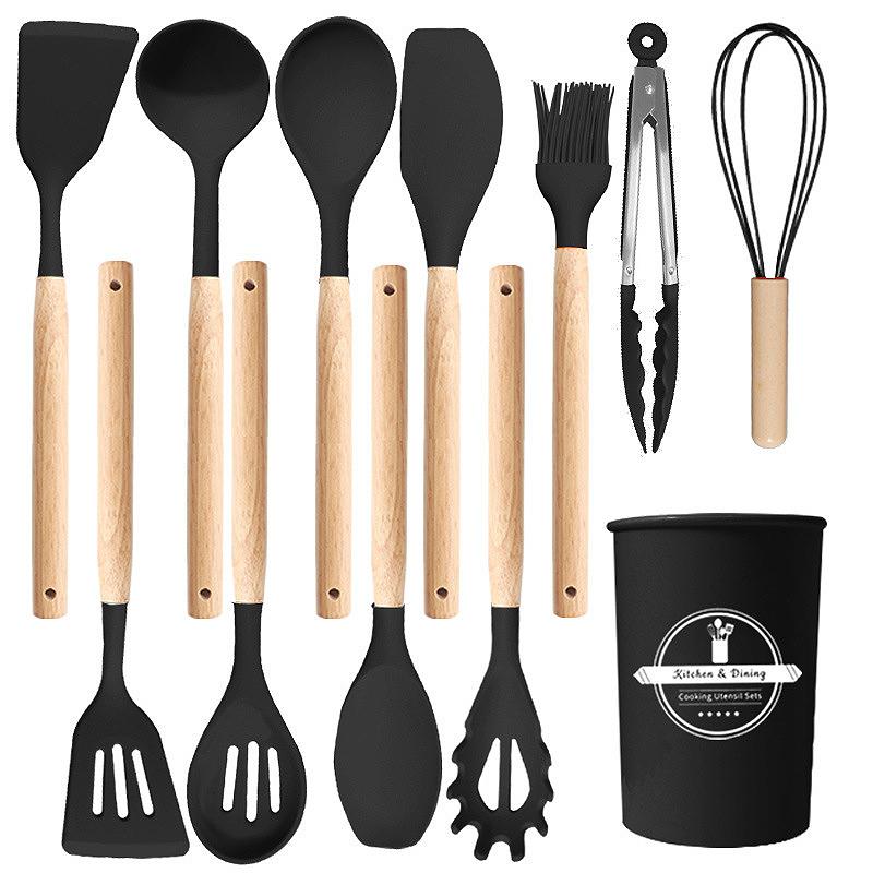 12 Pcs Wooden Handle Kitchen Utensil Set With Heat Resistant Silicone Non-Scratch And Bpa Free