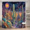1 Surreal Desert Shower Curtain with Glowing Cacti, Fantasy Neon Plants and Starry Sky Design, Polyester, Vibrant Curtain Design