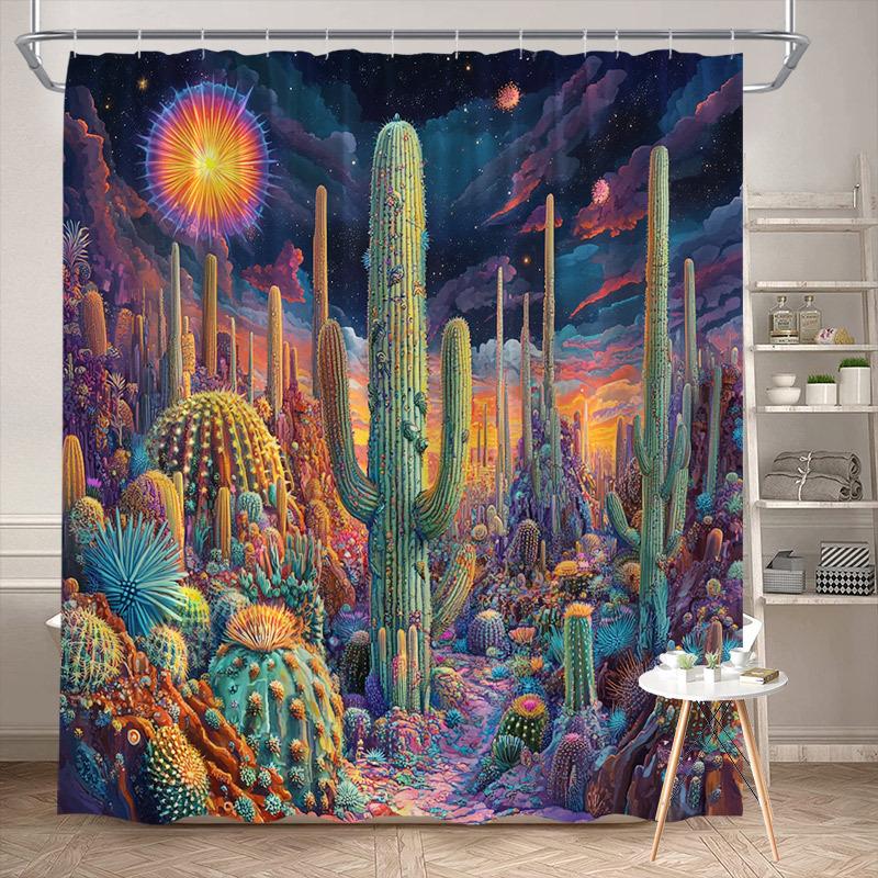 1 Surreal Desert Shower Curtain with Glowing Cacti, Fantasy Neon Plants and Starry Sky Design, Polyester, Vibrant Curtain Design