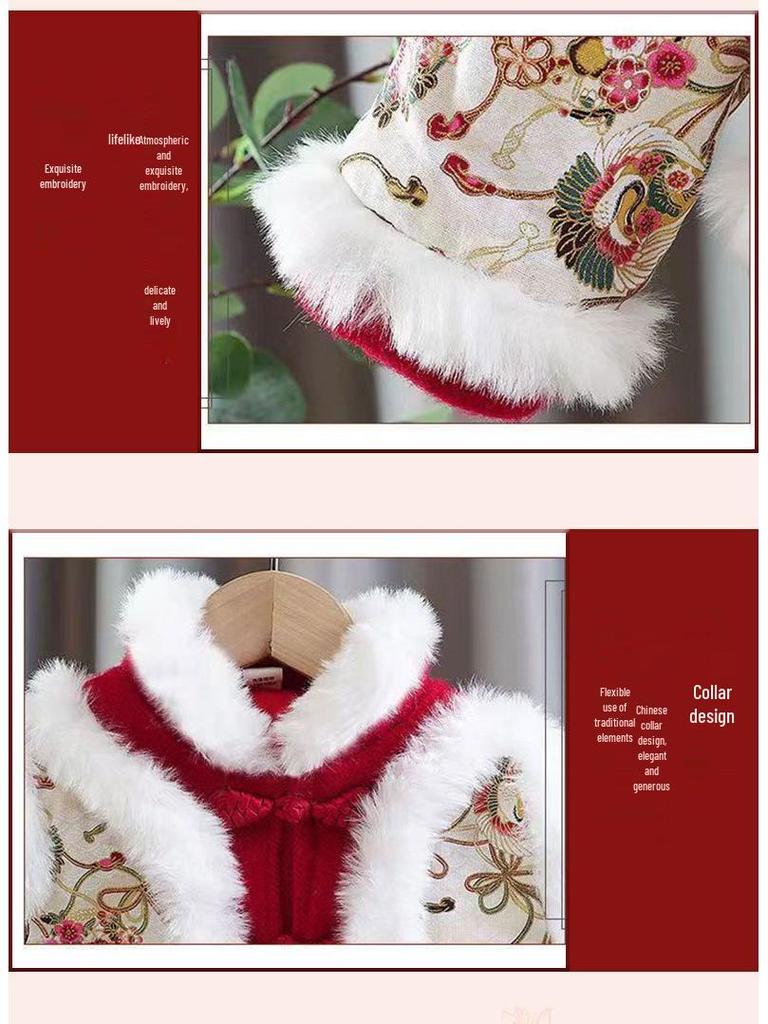 Girls' Winter Fleece-Lined Hanfu Skirt Set - Children's Chinese Tang Style New Year Costume