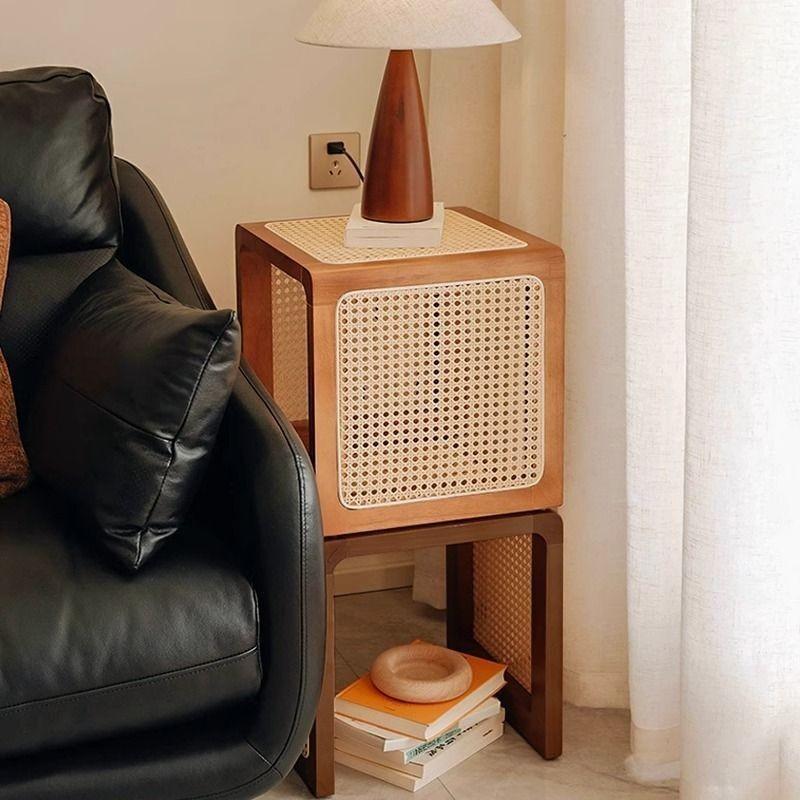 Household Multifunctional Solid Wood Rattan Square Stool Sofa Corner Bedside Table Small Apartment Shoe Changing Stool